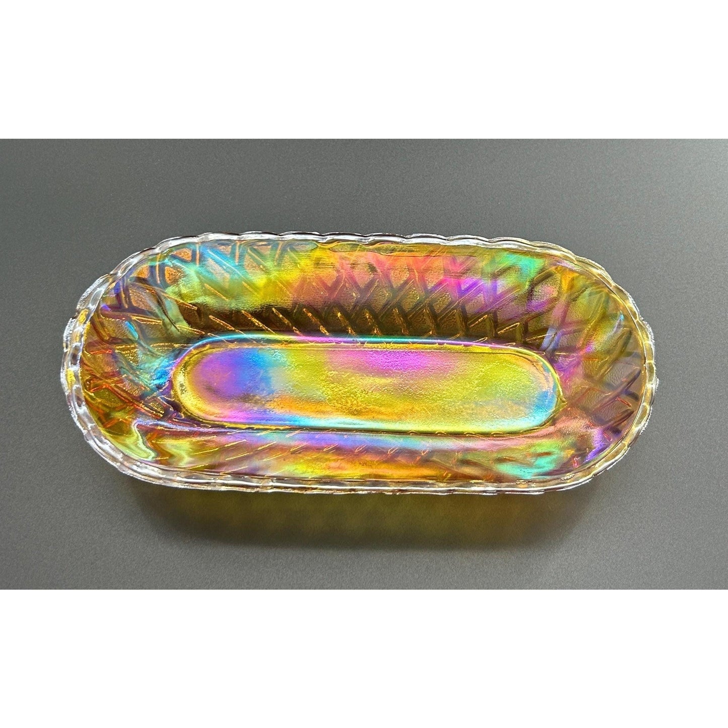 Vintage Indiana Carnival Glass Relish Tray – Marigold Iridescent Diamond Pattern