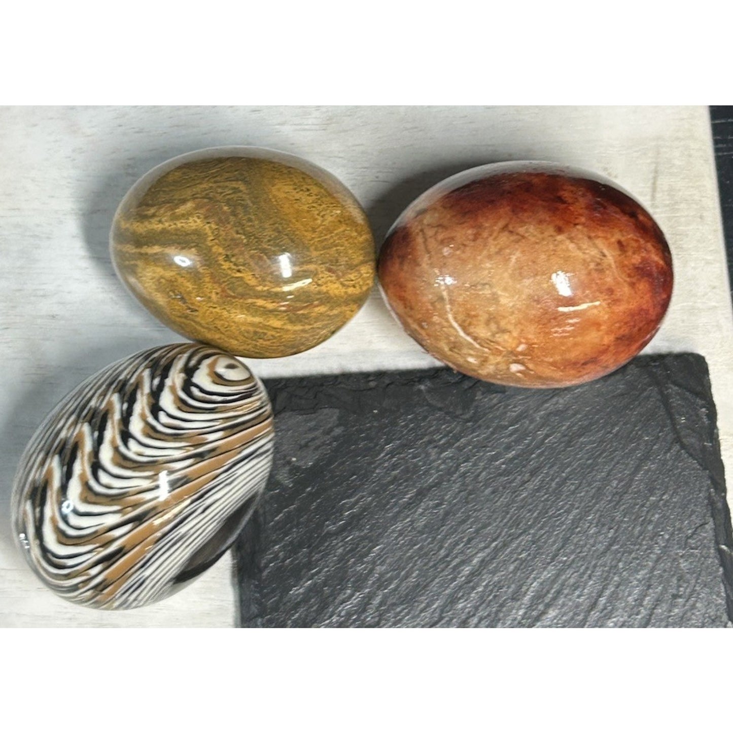 Set of 3 Polished Gemstone Eggs | Red Jasper, Yellow Jasper & Banded Agate | Healing Crystals, Mineral Decor, Collector Gift. STUNNING decor