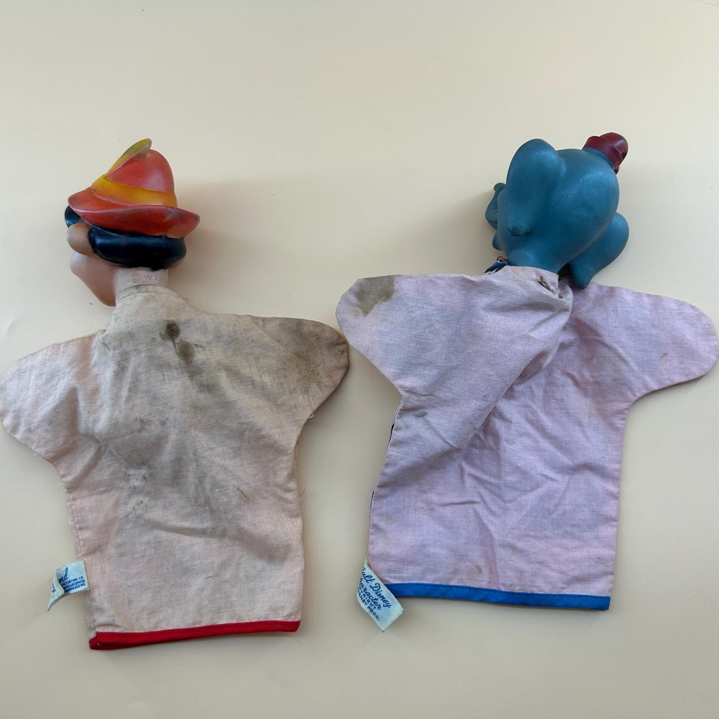 Vintage Disney Pinocchio & Dumbo Hand Puppets Set Vinyl Head Walt Disney Productions Toy 1960s Mid Century Character Disneyana Collectible