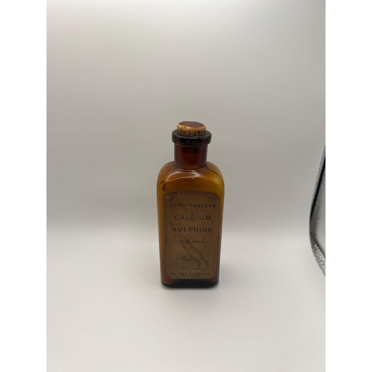 Antique Eli Lilly Calcium Sulphide Tablet Bottle w/ Original Contents & Cork