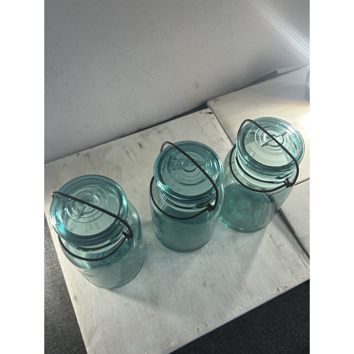 Lot of 3 Ball Ideal Blue Wire Bail Mason Jars Pat’d 1908 Vintage Quart Set. RARE