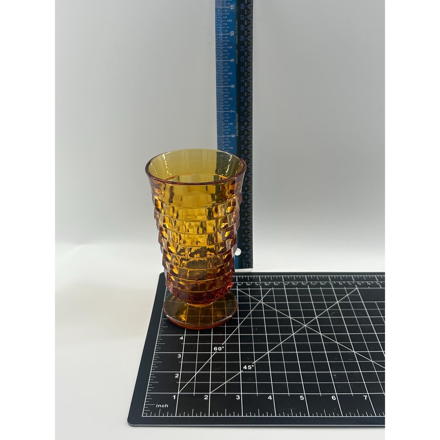 Mid Century Modern Amber Glass Vase | Tall Footed Diamond Pattern Vase | MCM Golden Yellow Art Glass Decor