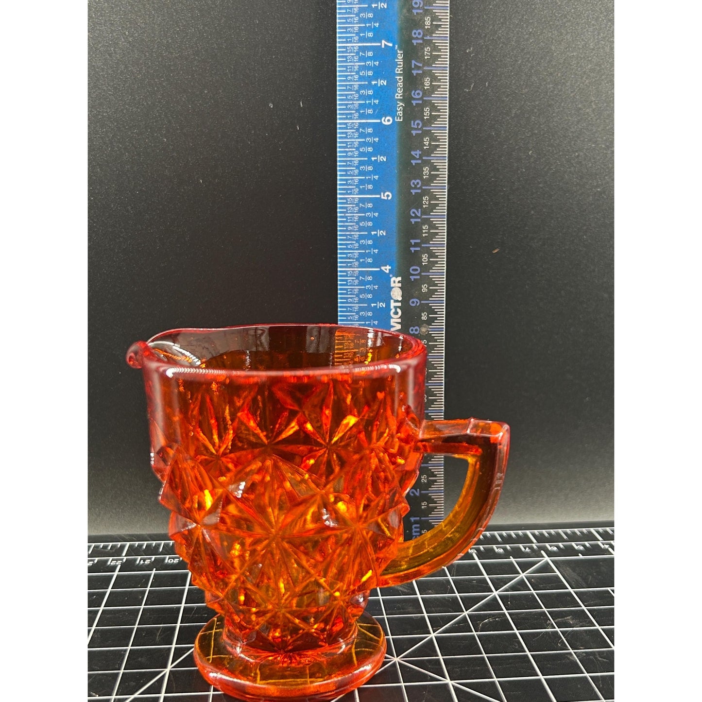 Vintage Amberina Glass Creamer | UV Reactive | Diamond Cut Pressed Glass | Footed Cream Pitcher