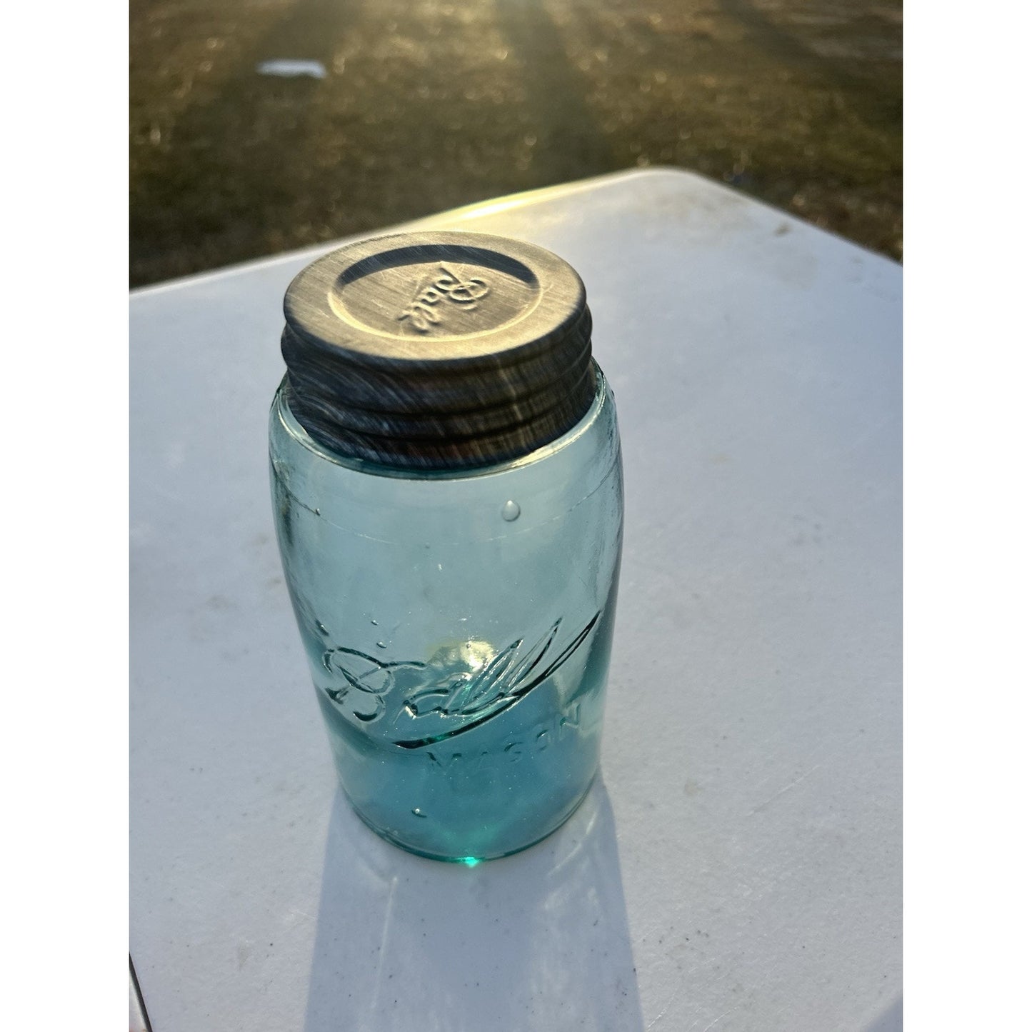 1900-1910 Ball Triple L mason jar aqua farmhouse display