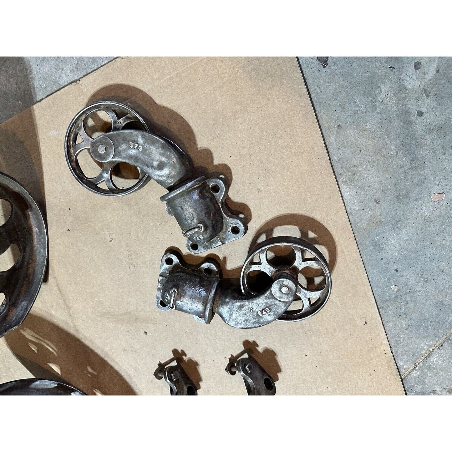 Antique Chas. E. Francis Factory Cart Hardware Set — Complete Cast Iron Wheels, Casters & Brackets