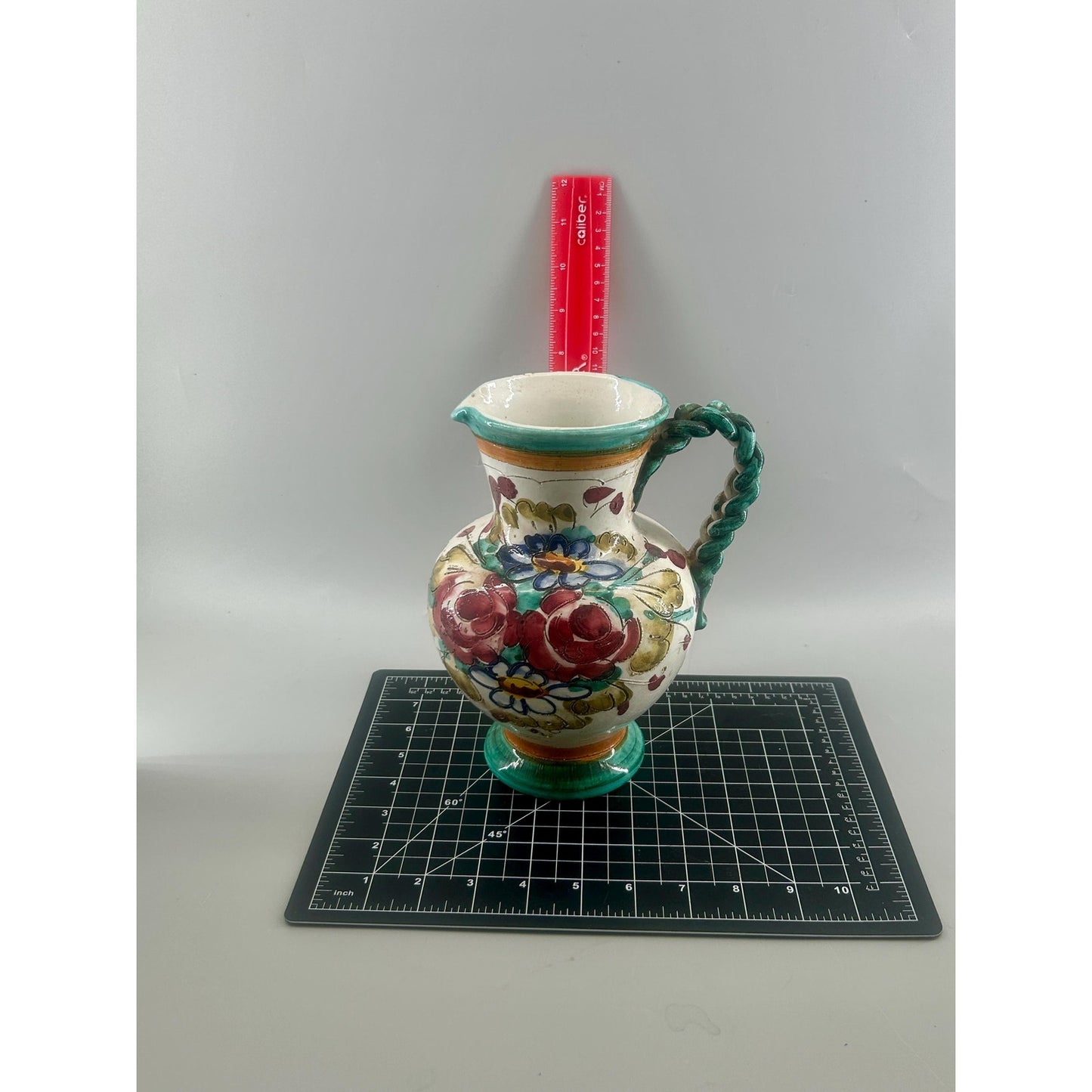 Vintage Hand Painted Spanish Talavera Style Faience Pitcher Twisted Handle Floral Pottery Jug
