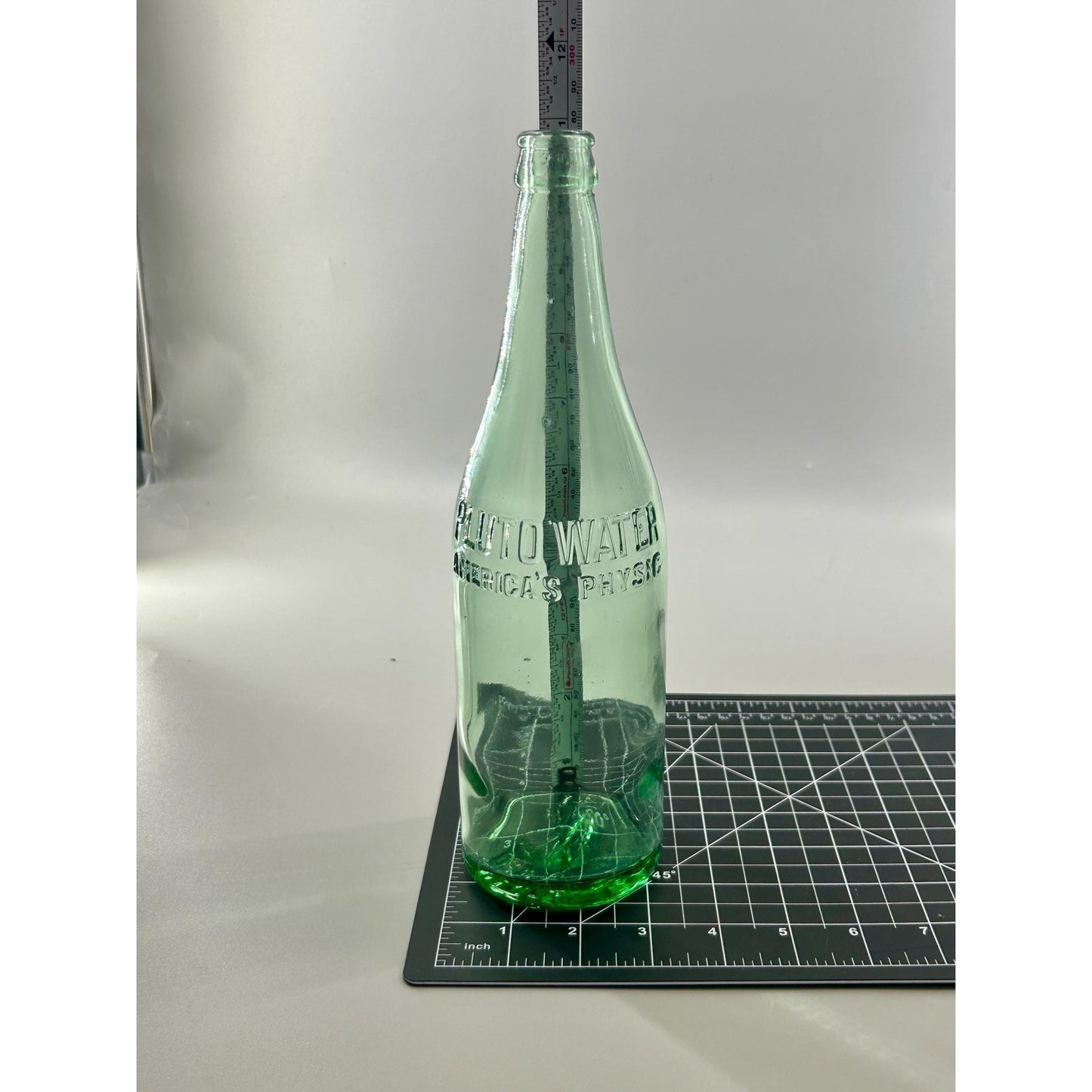 Antique Pluto Water Bottle America’s Physic Devil Logo Base Embossed Aqua Green Mineral Water c1920s