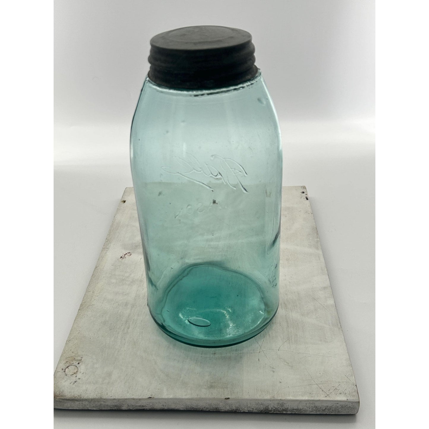 Antique Ball Mason Half Gallon Aqua Blue Triple L Script 1910–1923 Shoulder Seal Zinc Lid Large Early Collector Fruit Jar. Underlined Script