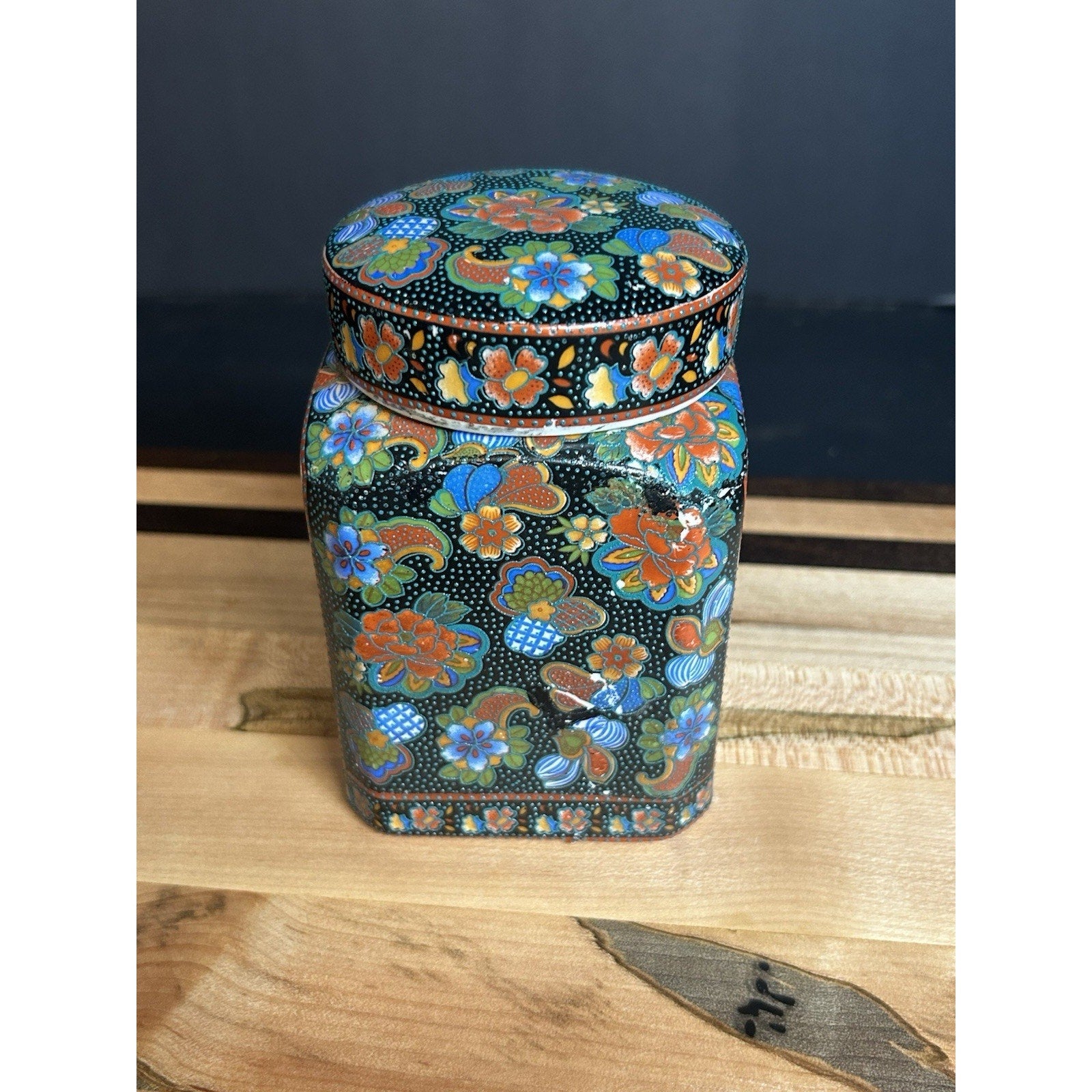 Antique Chinese Canton enamel tea caddy side floral panel