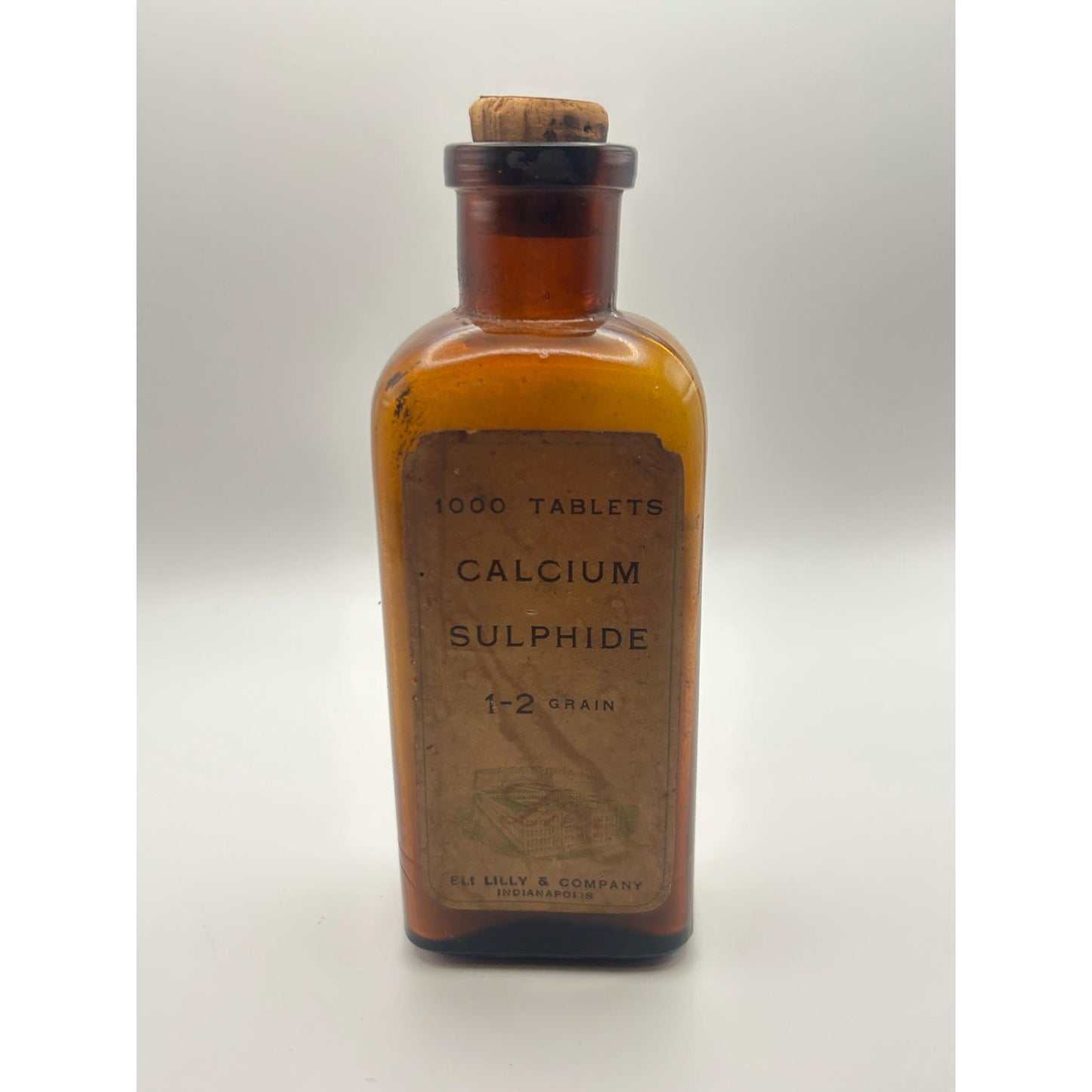 Antique Eli Lilly Calcium Sulphide Tablet Bottle w/ Original Contents & Cork