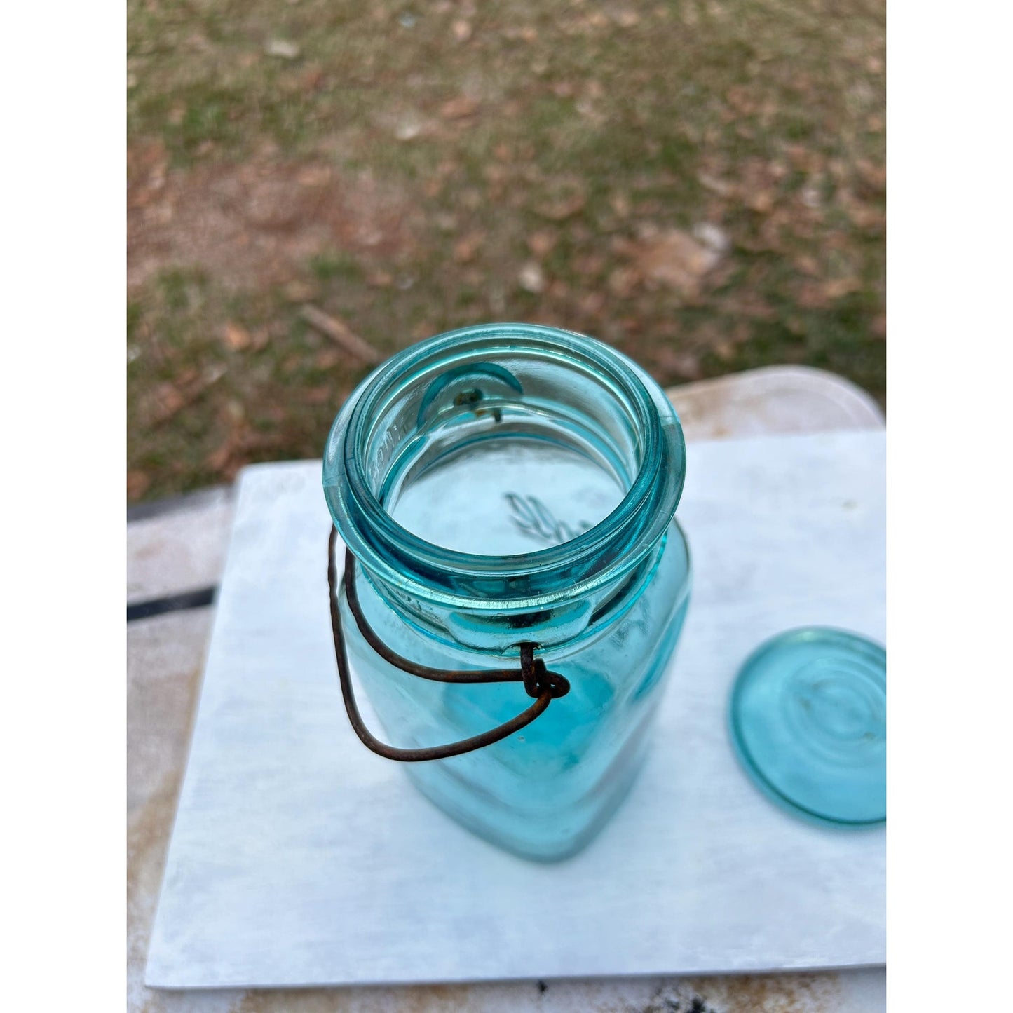 Ball Ideal Square Aqua Glass Mason Jar w/ Wire Bail & Glass Lid