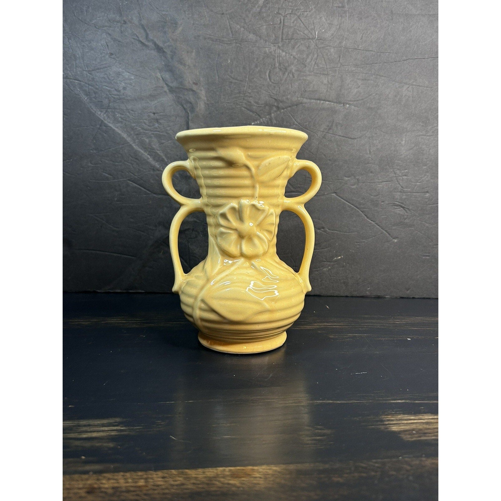Vintage Shawnee peach tan vase all angles MCM display