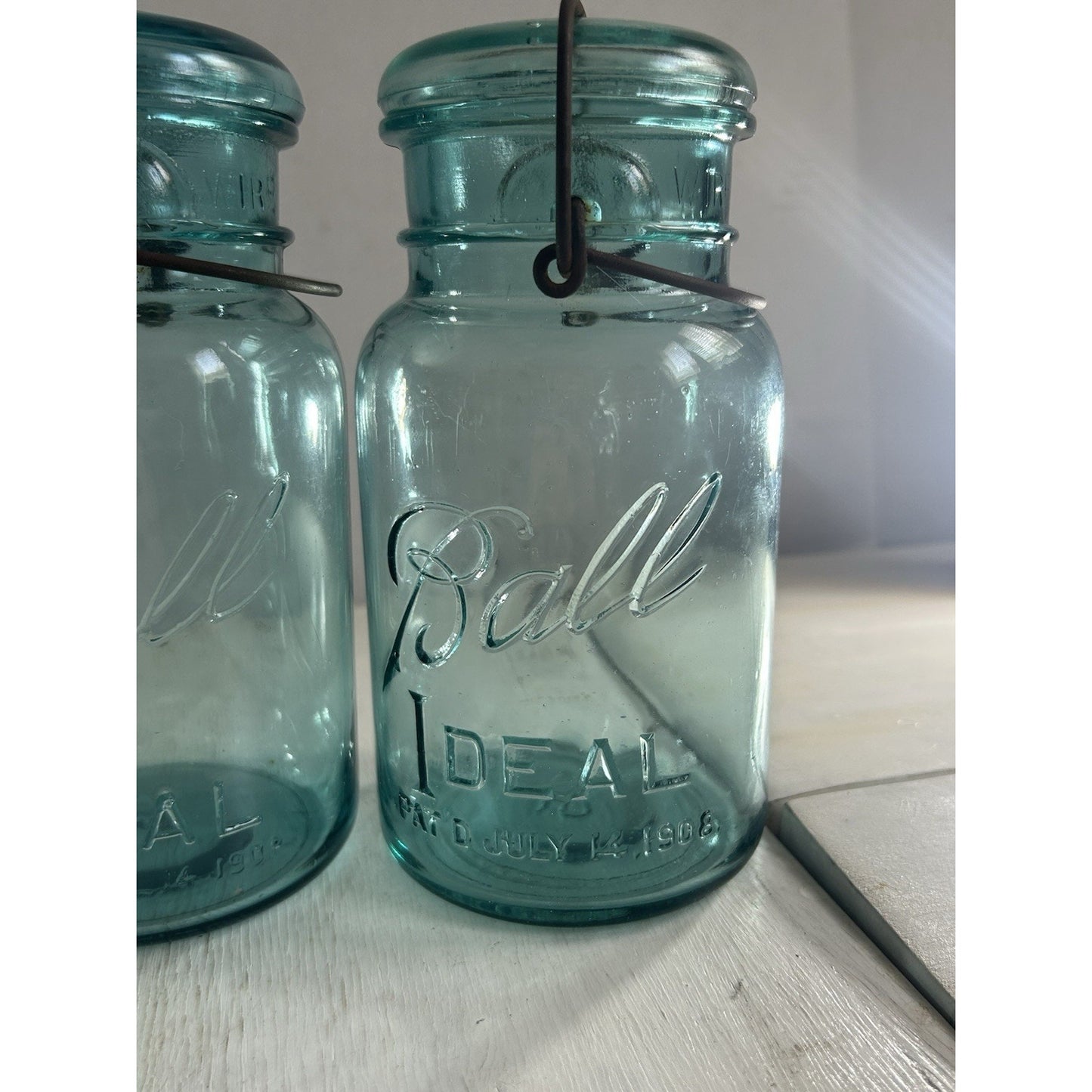 Lot of 3 Ball Ideal Blue Wire Bail Mason Jars Pat’d 1908 Vintage Quart Set. RARE