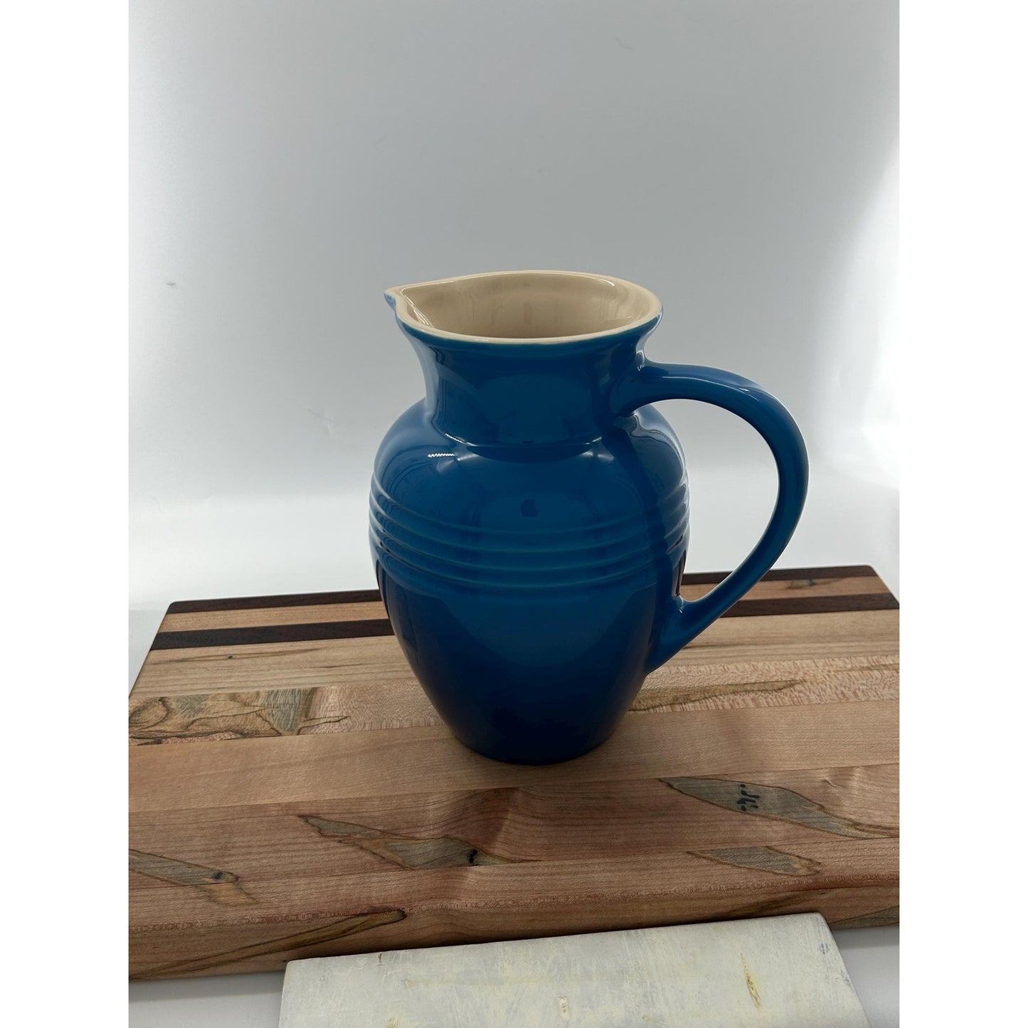 Le Creuset Marseille Blue Stoneware Pitcher Cream Interior Water Jug Farmhouse Kitchen Decor Pouring Jug French Country Decor Large Ceramic