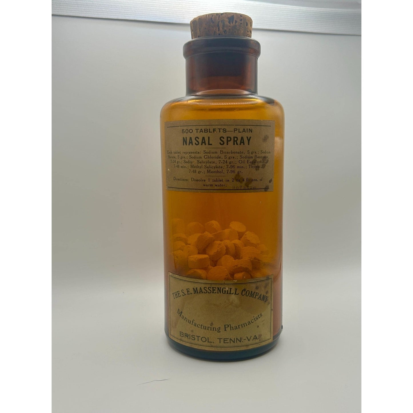 Antique Calcium Sulphide Medicine Bottle w/ Tablets & Cork, Amber