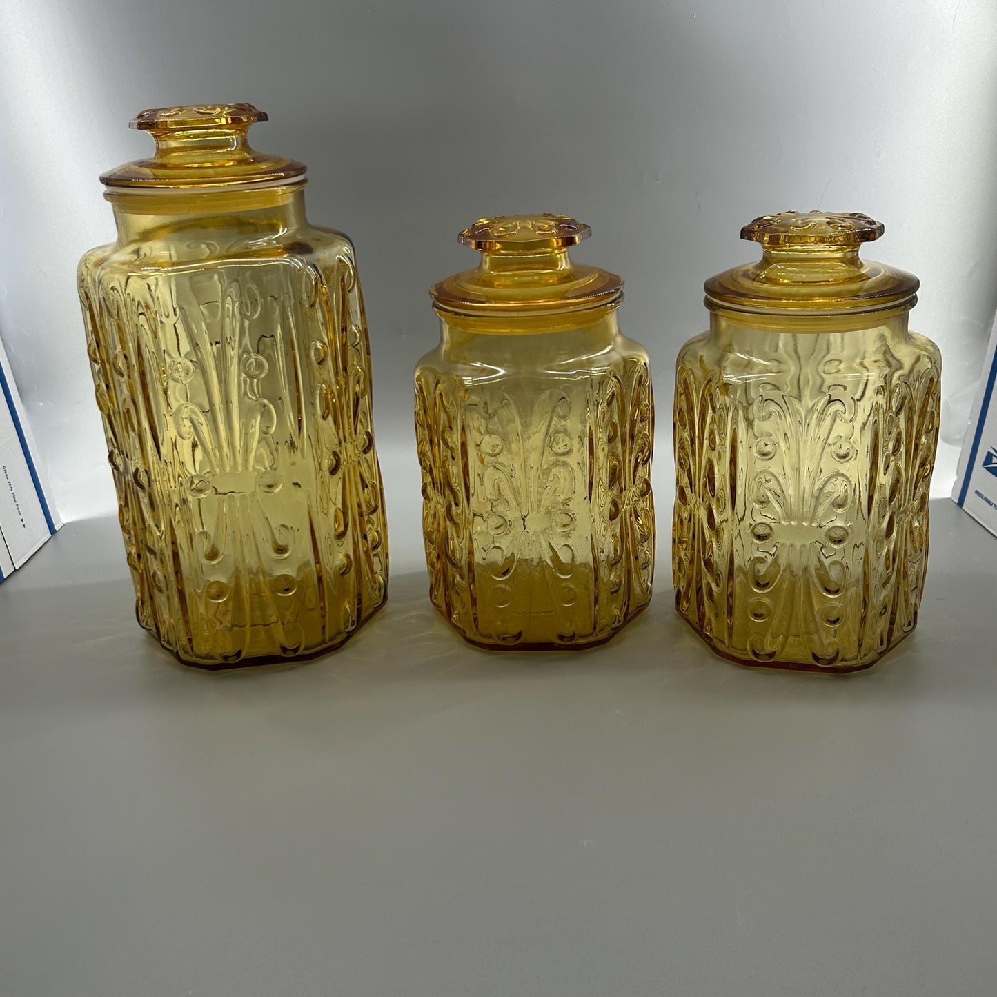 Indiana Honey Amber Glass Apothecary Jars Set of 3, Vintage MCM Kitchen Canisters, Retro Farmhouse Storage, Cookie Jar