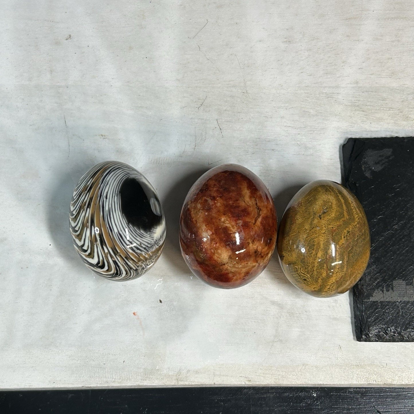 Set of 3 Polished Gemstone Eggs | Red Jasper, Yellow Jasper & Banded Agate | Healing Crystals, Mineral Decor, Collector Gift. STUNNING decor