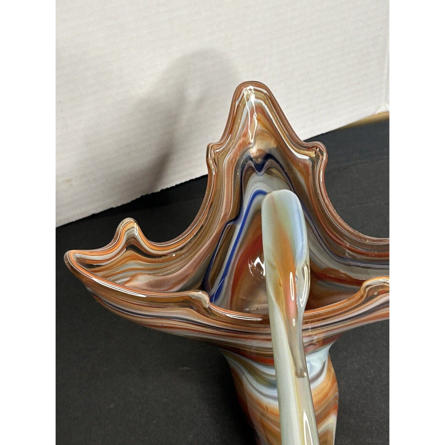Vintage MCM Handmade Murano Style Art Glass Blue/Orange Swirl Swan Candy Dish