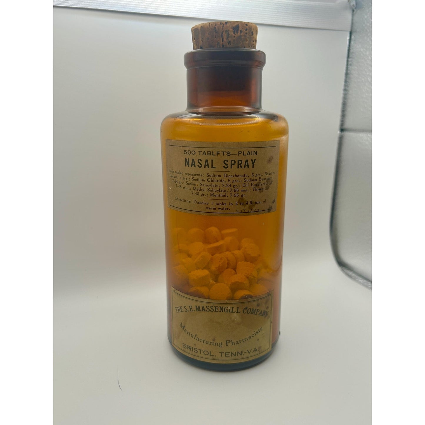 Antique Calcium Sulphide Medicine Bottle w/ Tablets & Cork, Amber