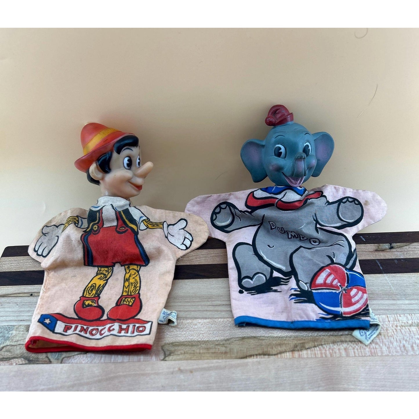 Vintage Disney Pinocchio & Dumbo Hand Puppets Set Vinyl Head Walt Disney Productions Toy 1960s Mid Century Character Disneyana Collectible