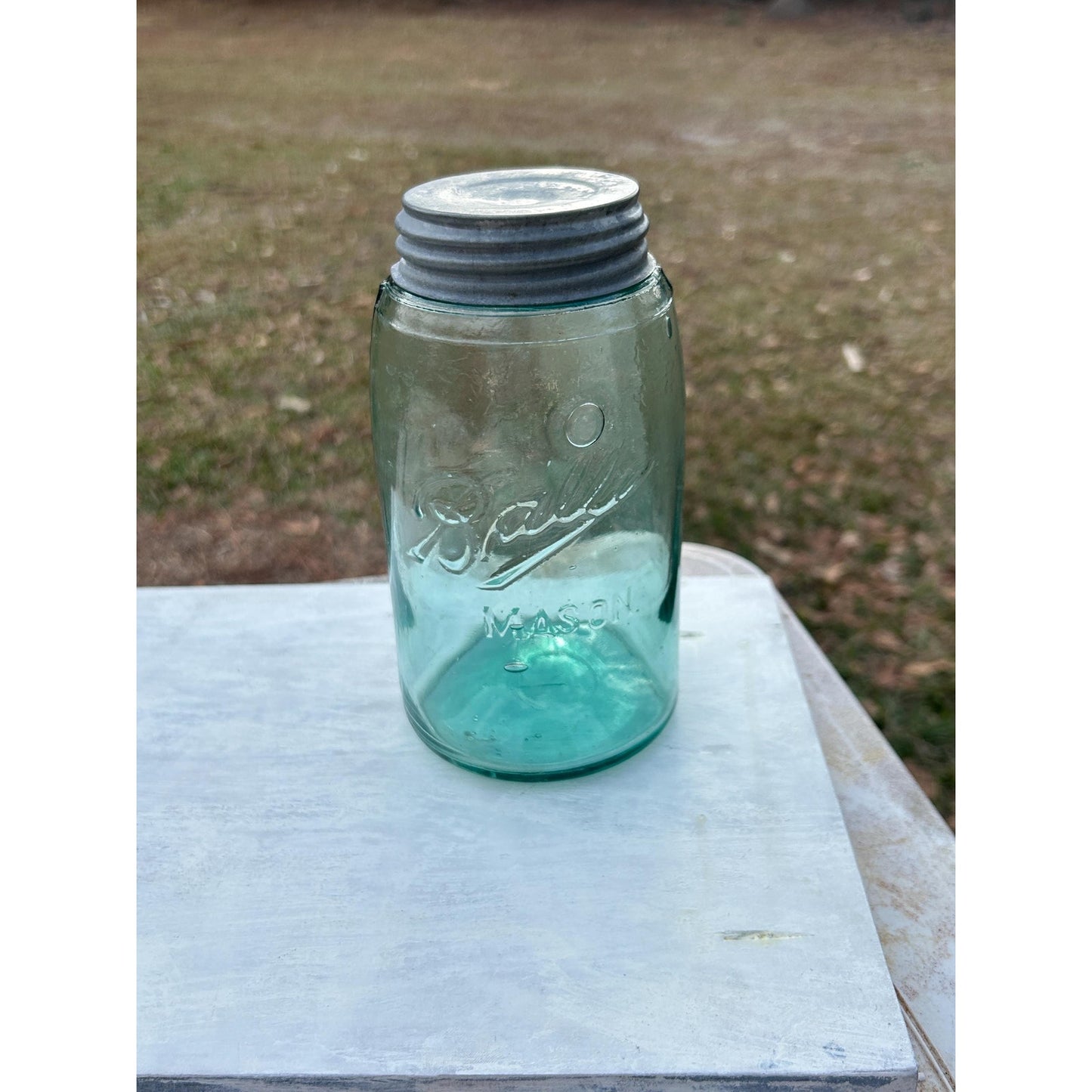 Vintage Ball Triple L Mason Jar Aqua Blue Quart Seed Bubbles Zinc Lid