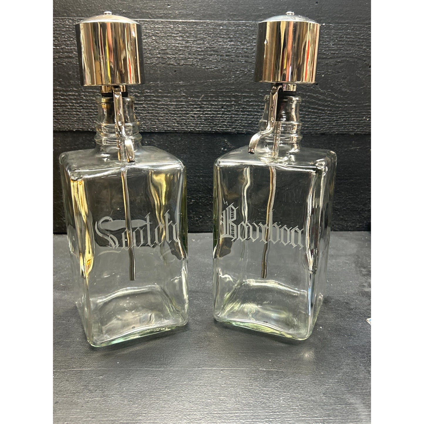 Vintage Mid Century Scotch & Bourbon Decanter Set – Etched Glass Liquor Bottles with Chrome Pump Tops – Retro Barware Gift Pair. mancave