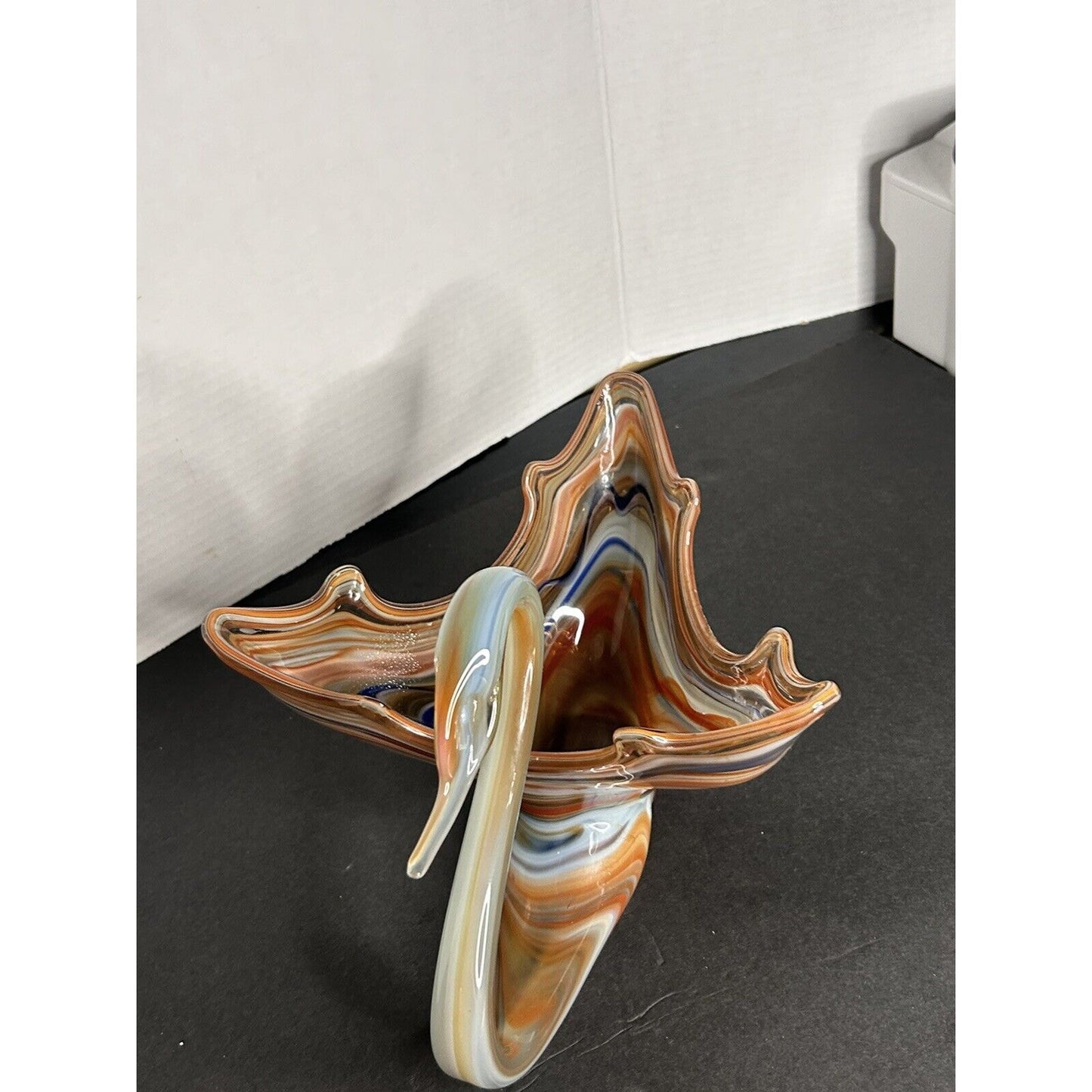 Vintage MCM Handmade Murano Style Art Glass Blue/Orange Swirl Swan Candy Dish