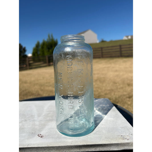 Antique F.E. McAllister’s Mocking Bird Food Bottle – Aqua Blue Glass New York, Early 1900s Embossed Jar, Rare Bird Food Bottle Collectible