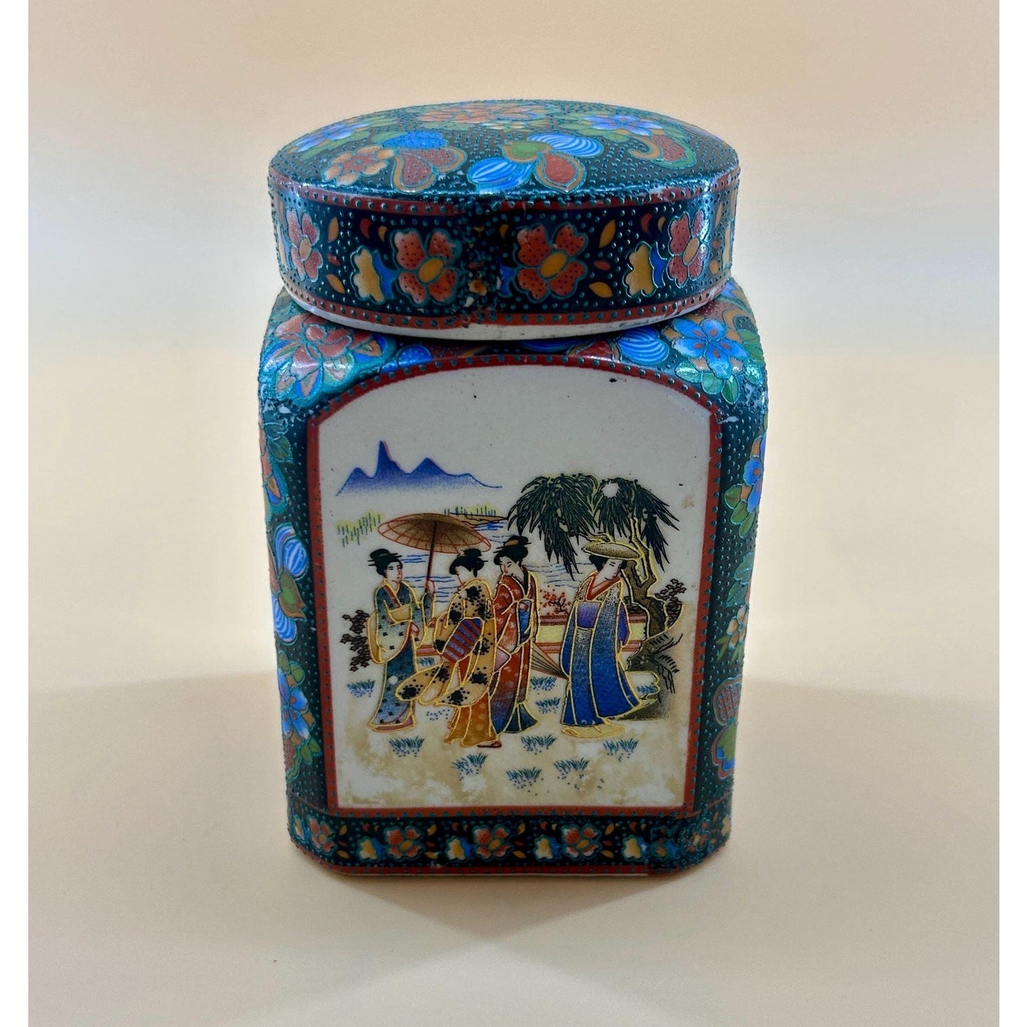 Vintage Japanese Kutani Ginger Jar w/ Geisha Scene Floral Enamel Lidded