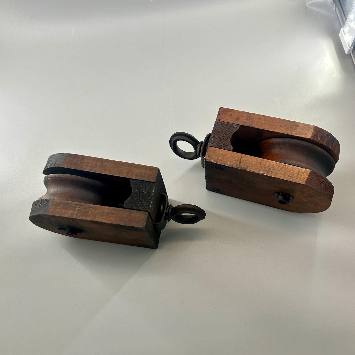 Antique Wooden Barn Pulley Block Pair Primitive Farm Hay Trolley Pulleys Rustic Industrial Farmhouse Decor Architectural Salvage