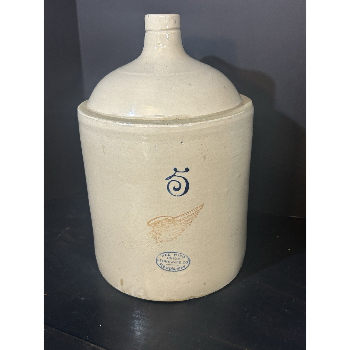 Antique 5 Gallon Redwing Stoneware Crock Shoulder Jug 4" Wing Logo