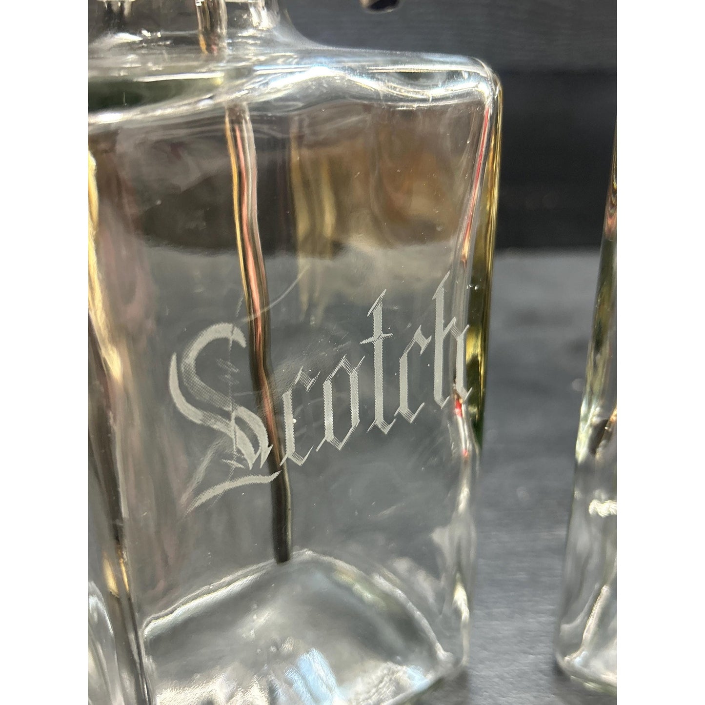 Vintage Mid Century Scotch & Bourbon Decanter Set – Etched Glass Liquor Bottles with Chrome Pump Tops – Retro Barware Gift Pair. mancave
