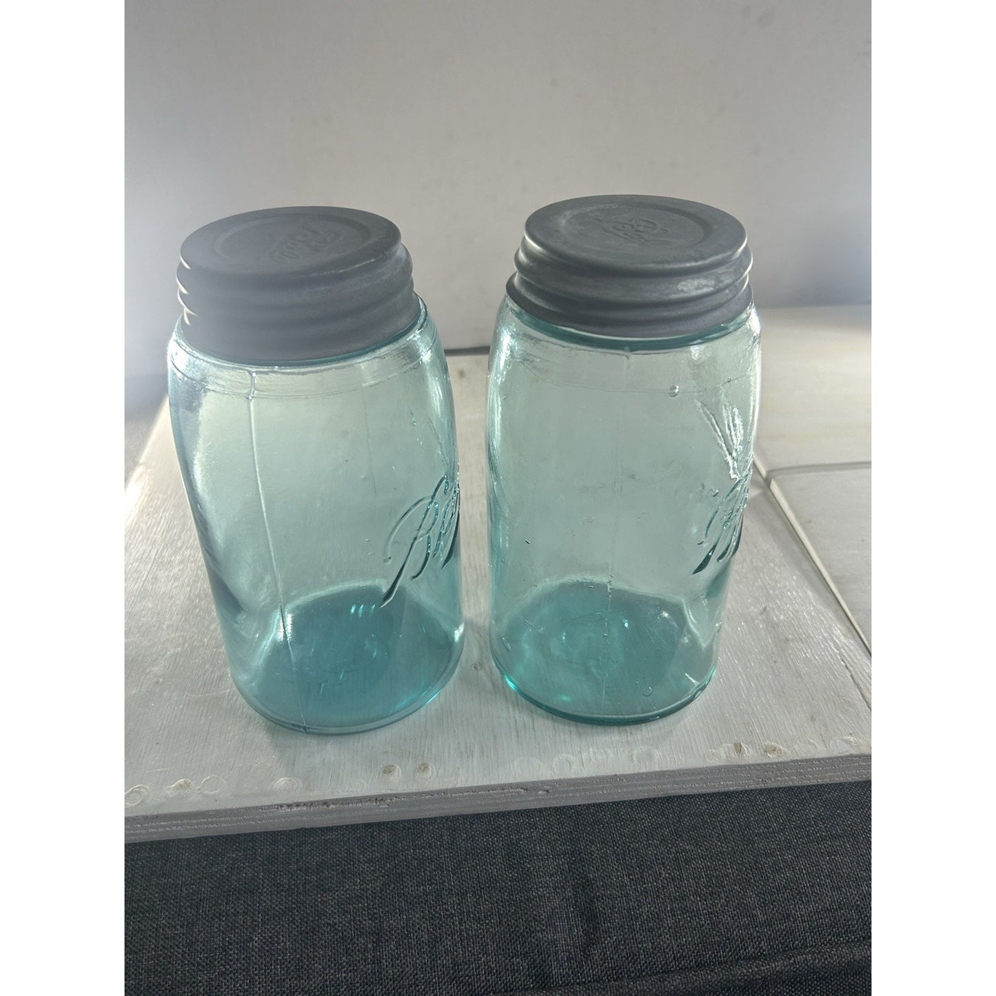 2 1920’s Vintage Ball Mason Jars – Triple L Logo – Quart – Aqua Blue – Zinc Lids
