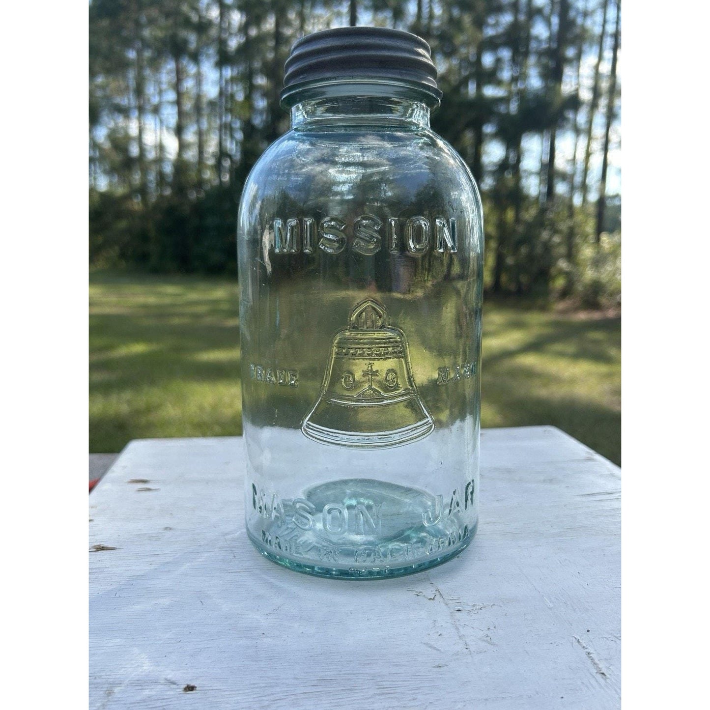 Very Rare Half Gallon Mission Bell Mason Jar – Aqua Blue Antique Canning Jar – W.J. Latchford Los Angeles California Farmhouse Kitchen Decor