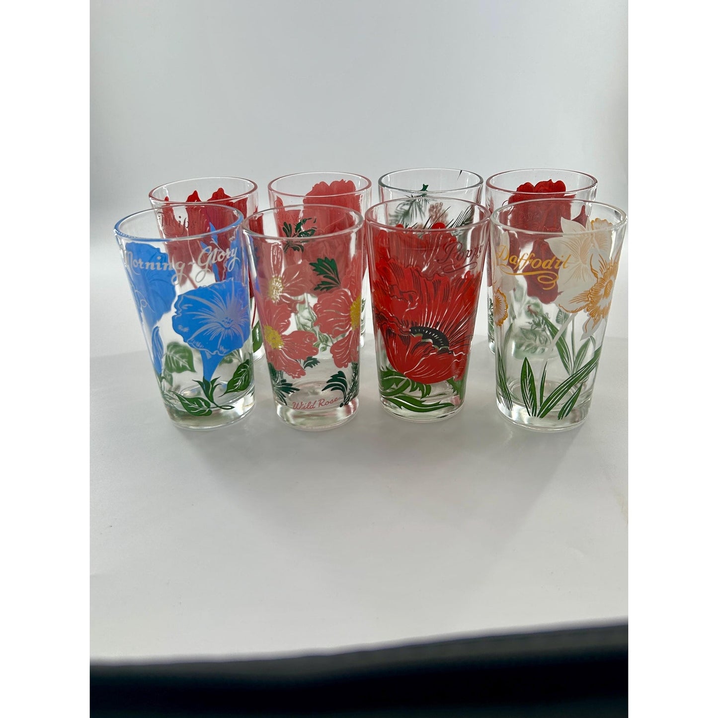 Vintage Federal Glass Floral Tumbler Set of 8 Mid Century Drinking Glasses Poppy Rose Daffodil Retro Barware MCM USA
