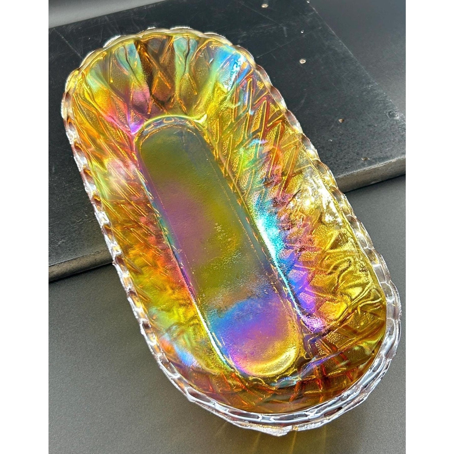 Vintage Indiana Carnival Glass Relish Tray – Marigold Iridescent Diamond Pattern
