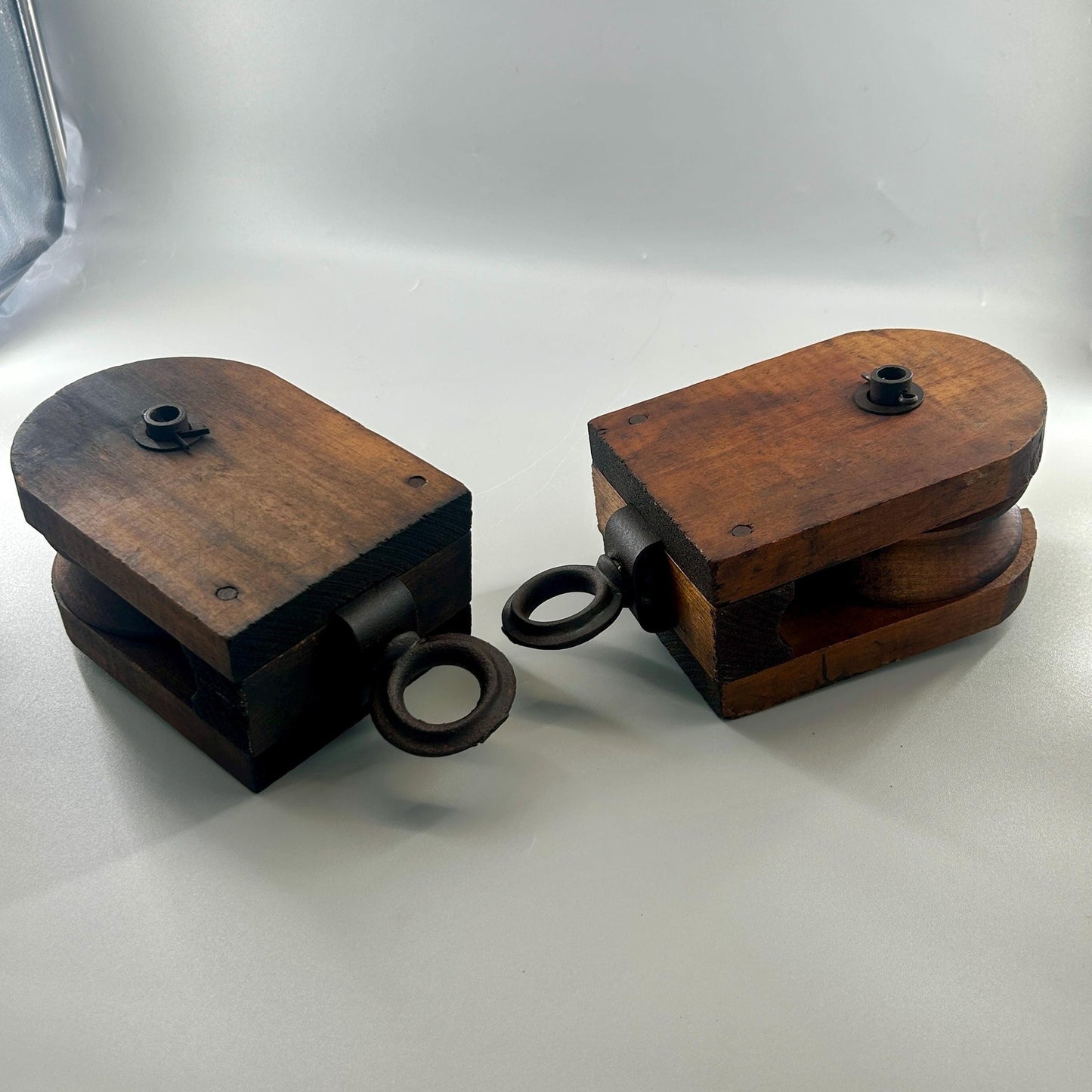 Antique Wooden Barn Pulley Block Pair Primitive Farm Hay Trolley Pulleys Rustic Industrial Farmhouse Decor Architectural Salvage