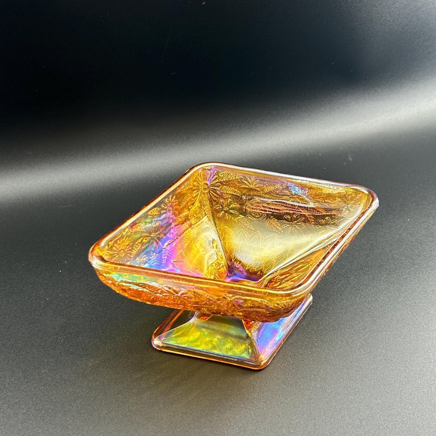 Vintage Indiana Glass Carnival Compote – Marigold Iridescent Square Pedestal Bowl, Floral Depression Glass Centerpiece