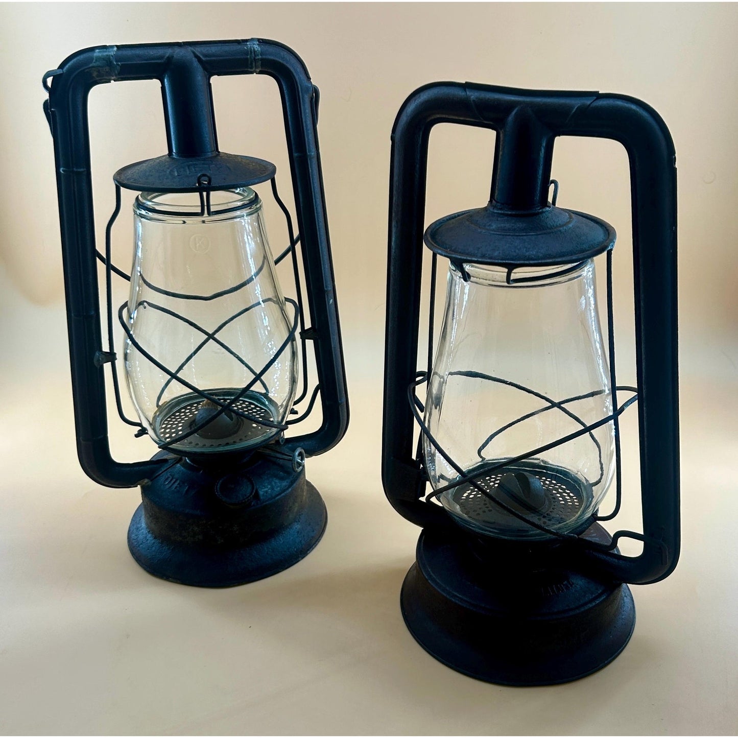Antique Railroad Oil Lantern Pair Dietz & Monarch Tubular Lanterns Museum Conserved Patina Industrial Farmhouse Lighting Primitive Railroad