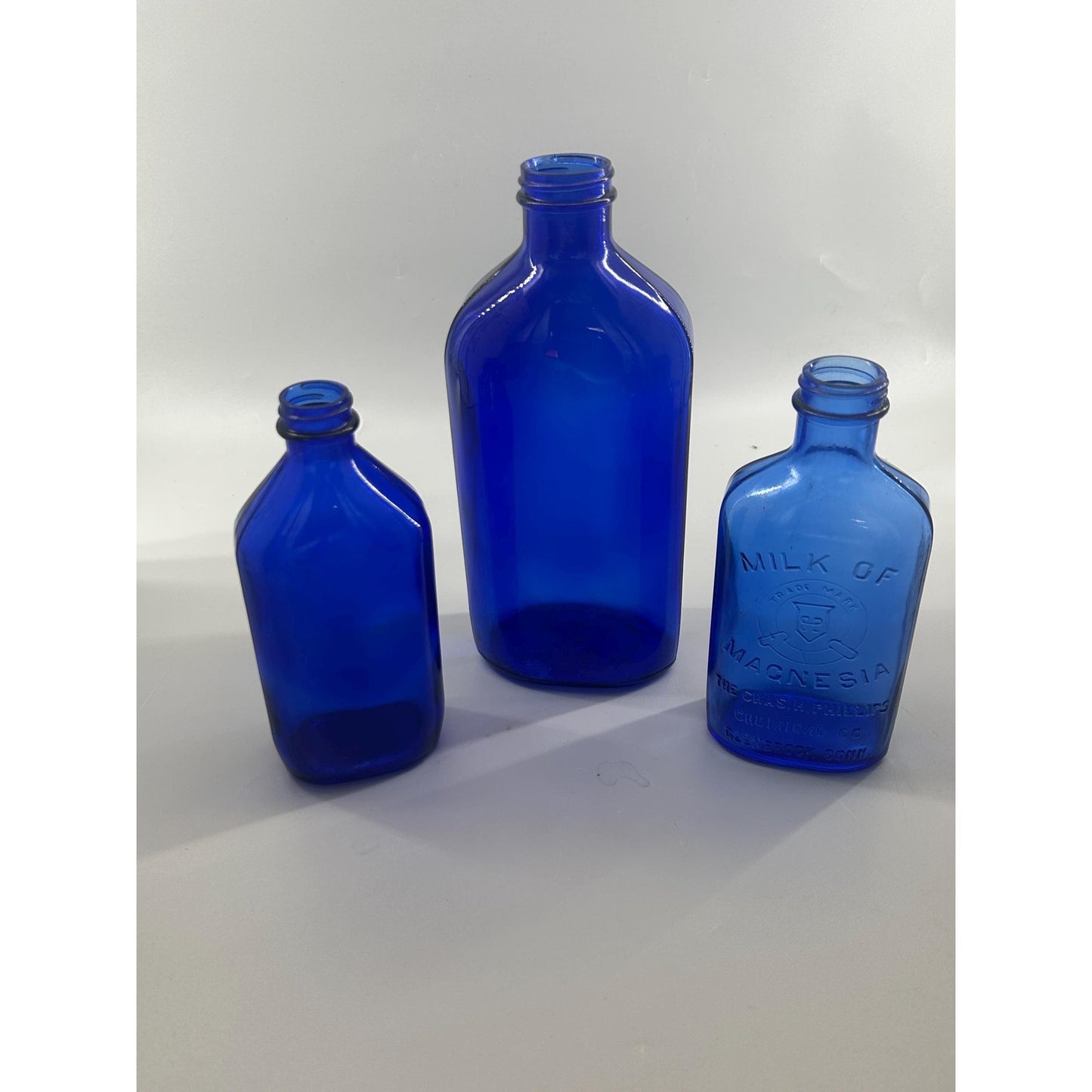 Antique Cobalt Blue Apothecary Bottle Lot Phillips Milk of Magnesia Pharmacy Drugstore Glass Decor