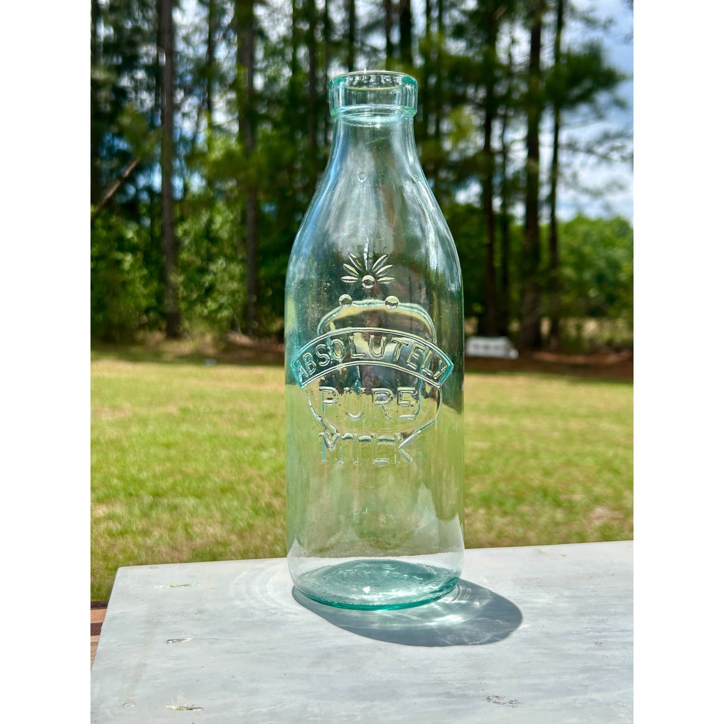 Vintage Italian Absolutely Pure Milk Bottle Embossed Cow Aqua Glass 1 Quart