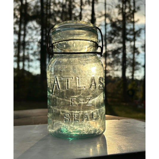 Atlas E-Z Seal Aqua / cornflower blue Glass Jar with Wire Bail Lid – Vintage Canning Storage Jar Collectible 1930s-40s Aqua Blue Mason Jar