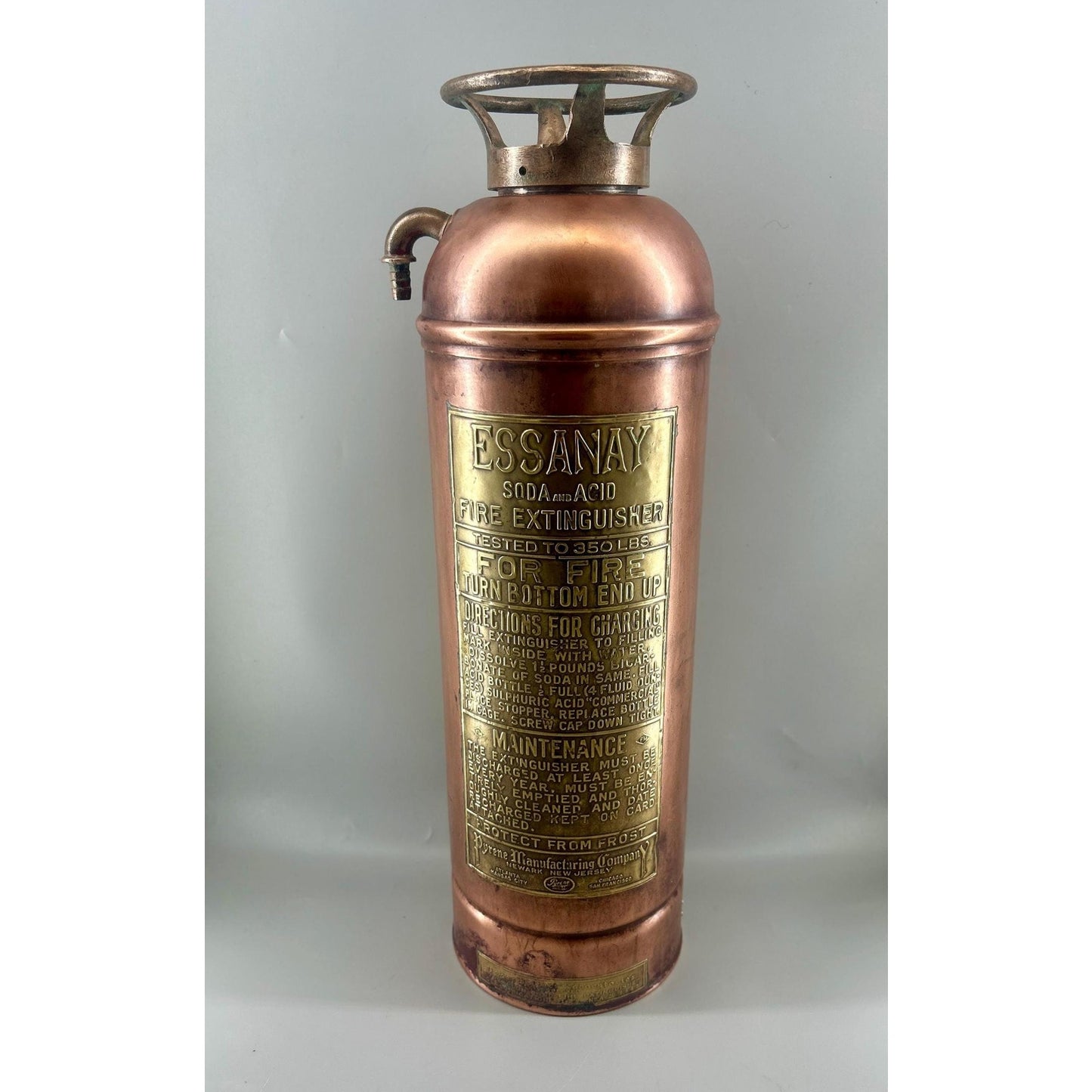 Antique ESSANAY Soda Acid Fire Extinguisher Copper Brass Original Glass Bottle Industrial Firehouse Decor Early 1900s