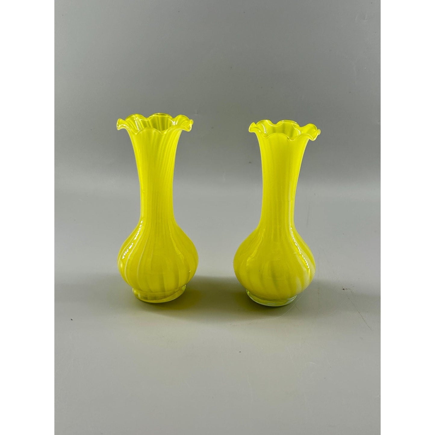 Vintage Murano Style Yellow Opaline Art Glass Bud Vases Pair Ruffled Rim Hand Blown Italy