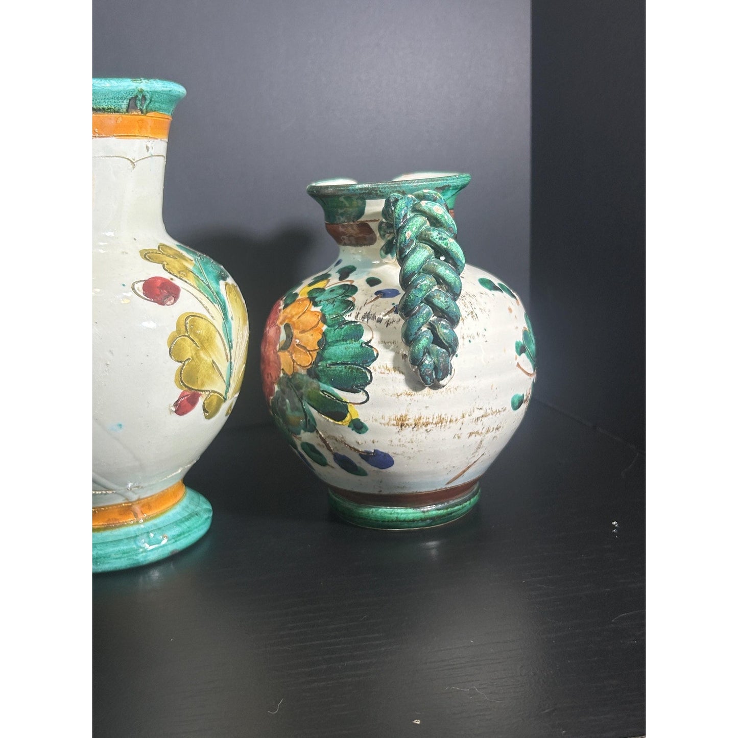 Pair of Hand Painted Majolica Pitchers | Braided Handle Floral Pottery Set | Spanish Rustic Ceramic Jugs | Tuscan Mediterranean Home Decor