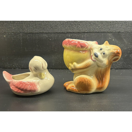 Vintage Mid Century Ceramic Planters – Squirrel with Acorn & Duckling Figurines