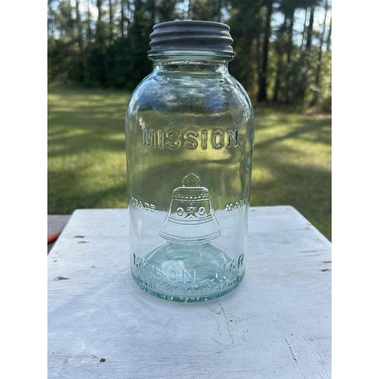 Very Rare Half Gallon Mission Bell Mason Jar – Aqua Blue Antique Canning Jar – W. J. Latchford Los Angeles California Farmhouse Kitchen Decor