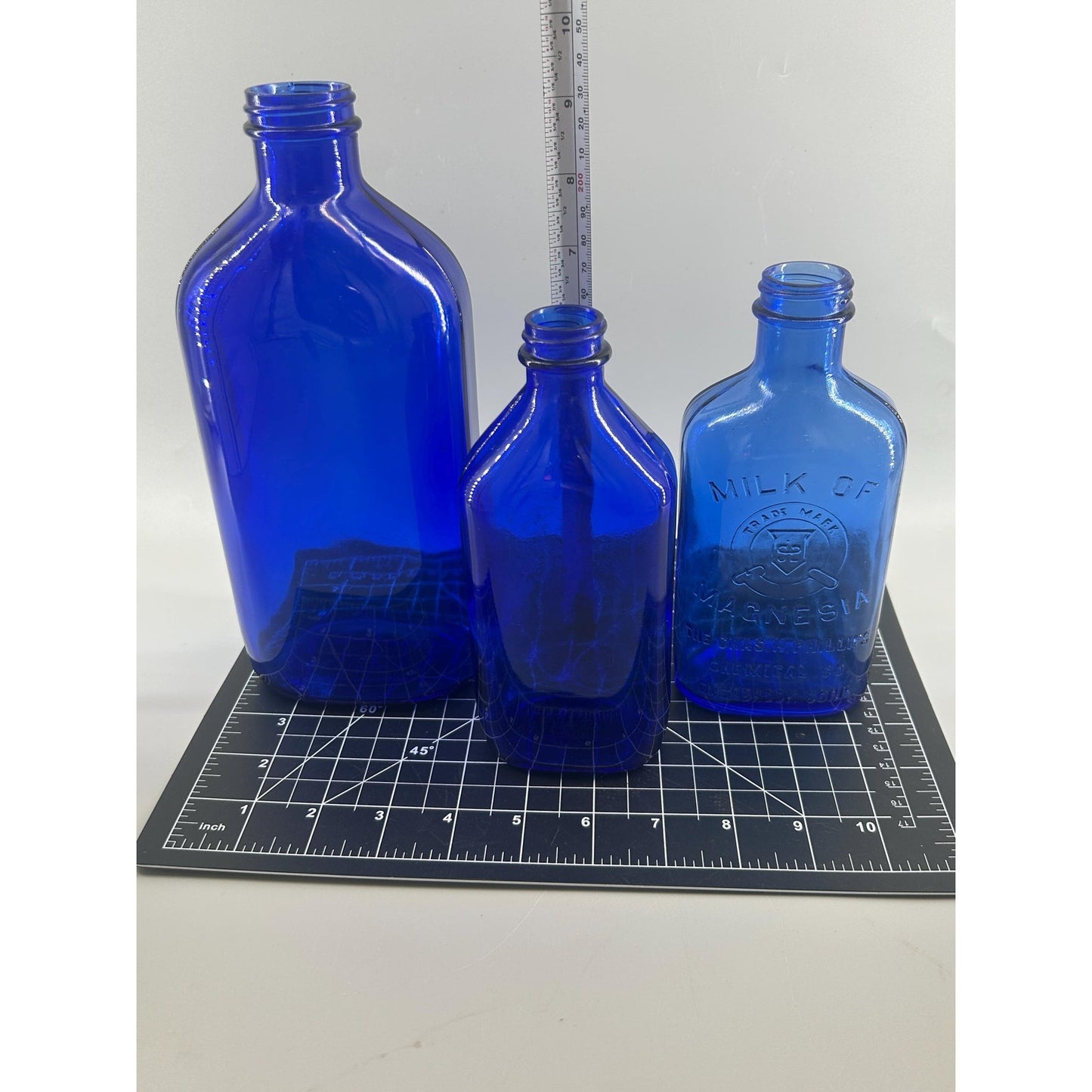 Antique Cobalt Blue Apothecary Bottle Lot Phillips Milk of Magnesia Pharmacy Drugstore Glass Decor