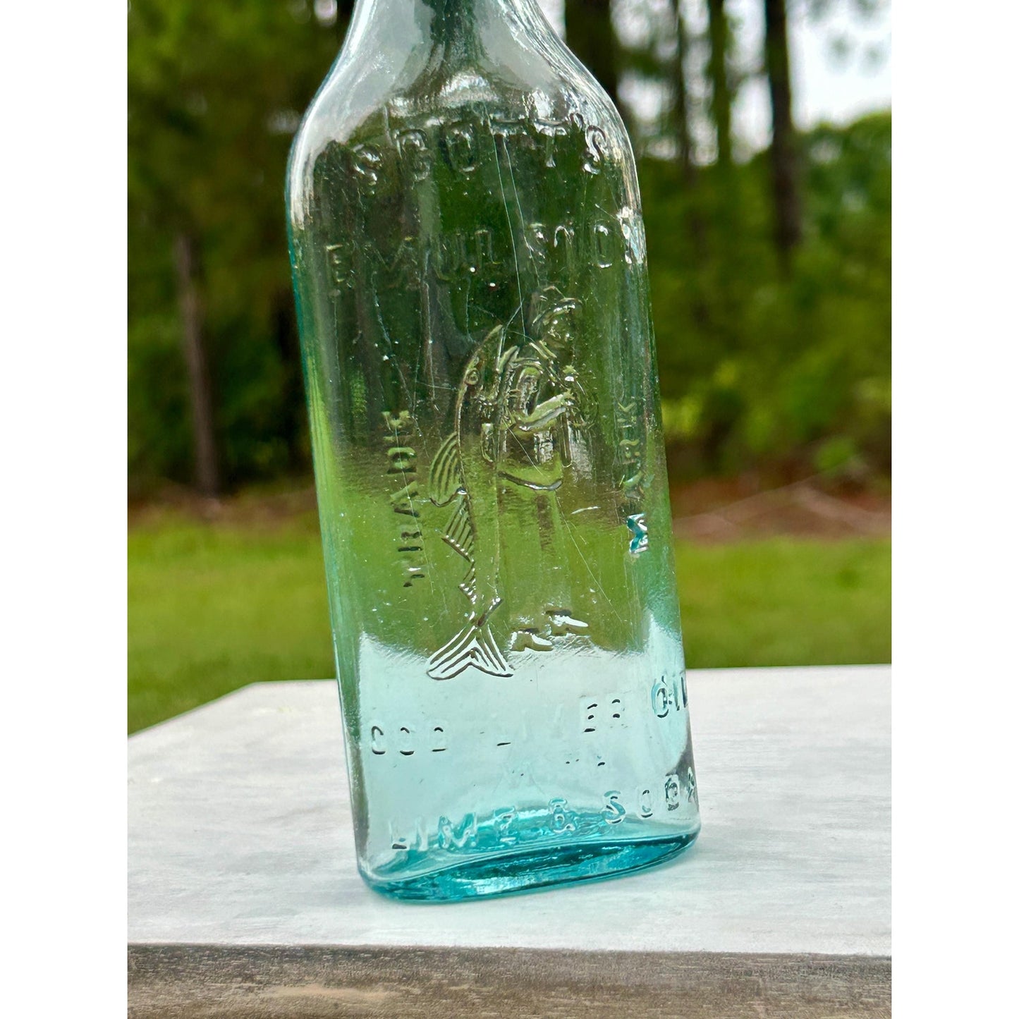 Antique Scott’s Emulsion Aqua Blue Cod Liver Oil With Lime & Soda Bottle Embossed Fisherman Patent Medicine
