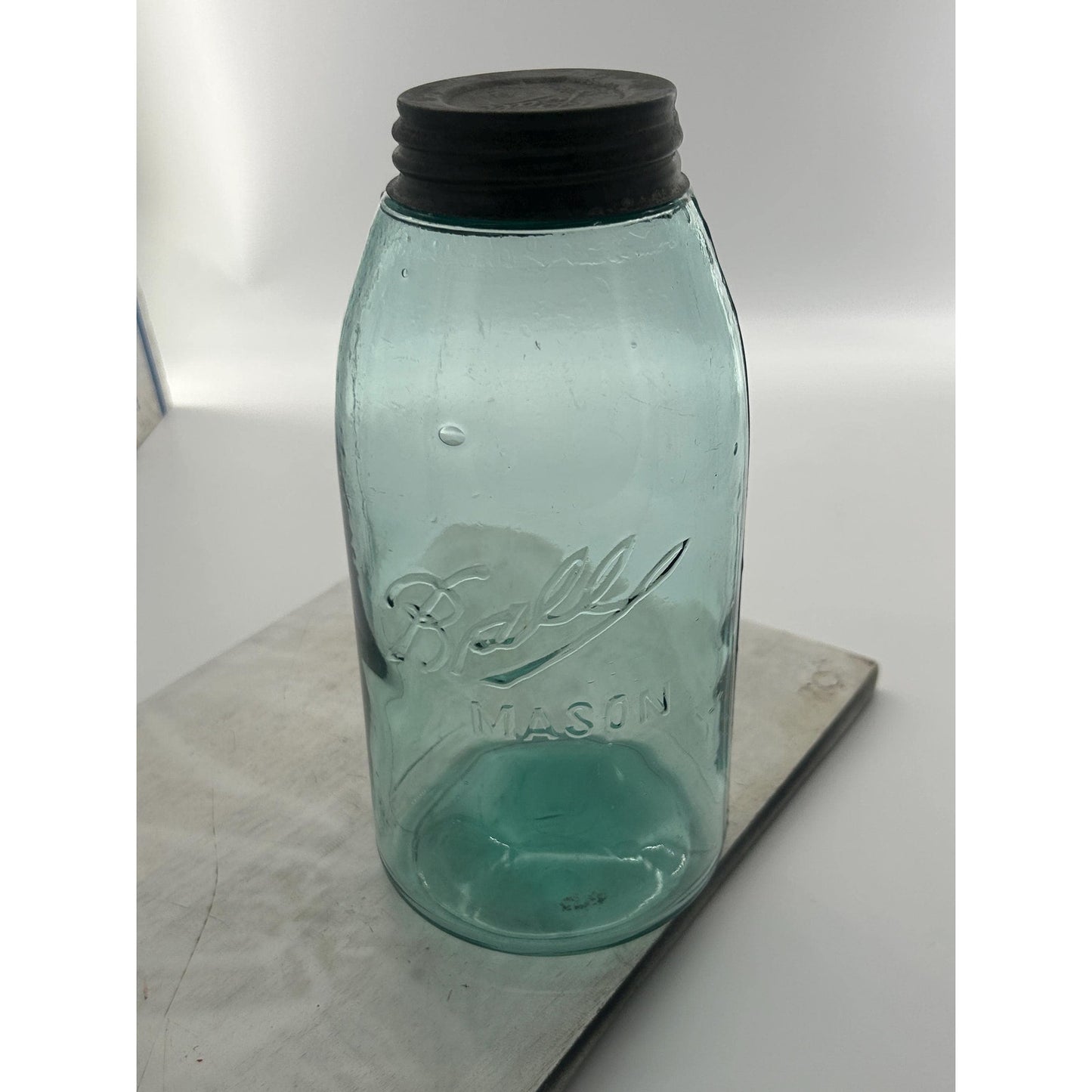Antique Ball Triple L Half Gallon Aqua Mason Jar 1900–1910 Early Script Fruit Jar Ball Bros Glass Embossed Original Zinc Lid